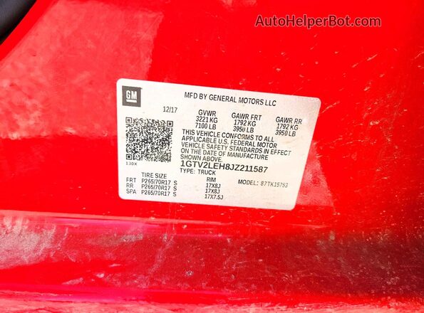 1GTV2LEH8JZ211587 2018 GMC SIERRA Красный Вид подкапотного пространства