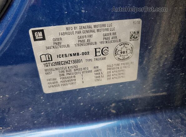 1GTV2MEC2HZ136891 2017 GMC SIERRA Blue Вид наклейки з VIN-кодом