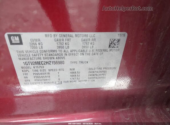 1GTV2MEC2HZ156980 2017 GMC SIERRA Burgundy ძრავის განყოფილების ხედი