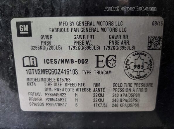 1GTV2MEC6GZ416103 2016 GMC SIERRA Black Widok komory silnika