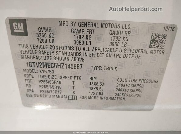 1GTV2MEC6HZ146887 2017 GMC SIERRA Белый Вид подкапотного пространства