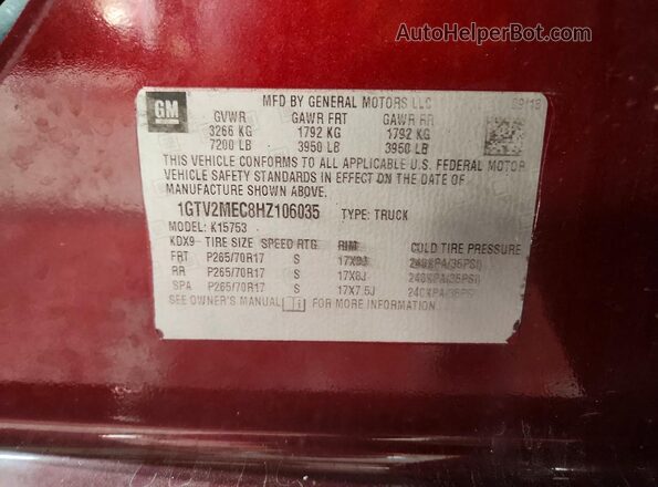 1GTV2MEC8HZ106035 2017 GMC SIERRA Red ძრავის განყოფილების ხედი
