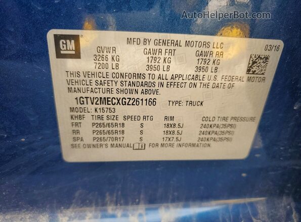 1GTV2MECXGZ261166 2016 GMC SIERRA Blue Vista del compartimento del motor