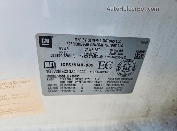 1GTV2MECXGZ405444 2016 GMC SIERRA White Вид підкапотного простору