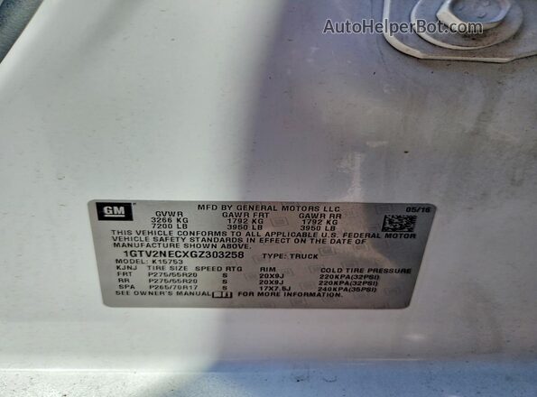 1GTV2NECXGZ303258 2016 GMC SIERRA White ძრავის განყოფილების ხედი