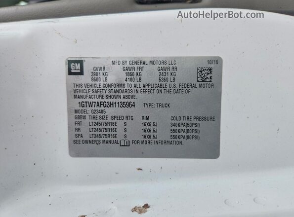1GTW7AFG3H1135964 2017 GMC SAVANA Белый Вид наклейки с VIN-кодом
