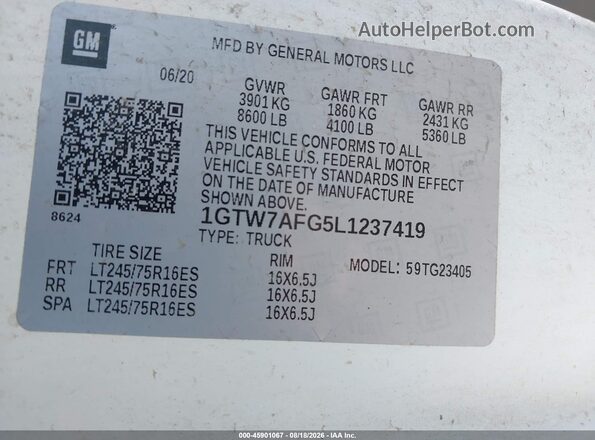1GTW7AFG5L1237419 2020 GMC SAVANA CARGO White VIN կոդի պիտակի տեսք