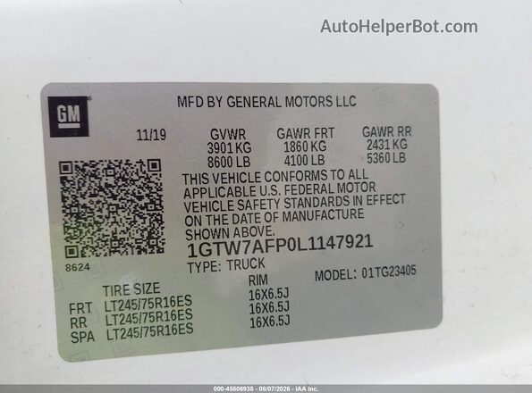 1GTW7AFP0L1147921 2020 GMC SAVANA CARGO White Vista del compartimento del motor