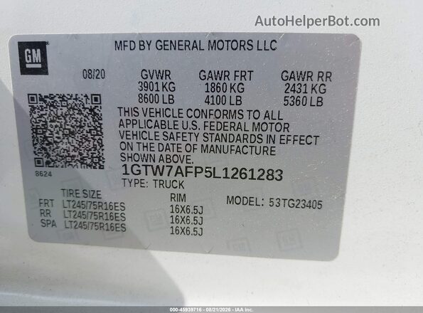 1GTW7AFP5L1261283 2020 GMC SAVANA CARGO White Вид підкапотного простору