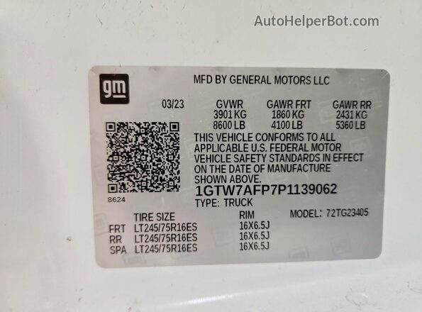 1GTW7AFP7P1139062 2023 GMC SAVANA White VIN კოდის სტიკერის ხედი