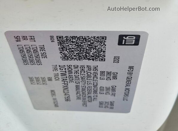 1GTW7AFPXN1147556 2022 GMC SAVANA White Vista de la etiqueta del VIN