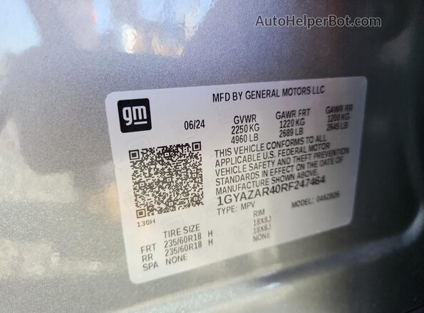 1GYAZAR40RF247464 2024 CADILLAC XT4 Gray VIN կոդի պիտակի տեսք