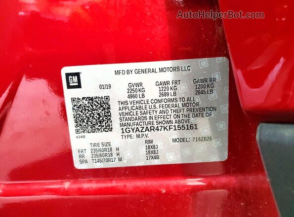 1GYAZAR47KF155161 2019 CADILLAC XT4 Burgundy VIN կոդի պիտակի տեսք