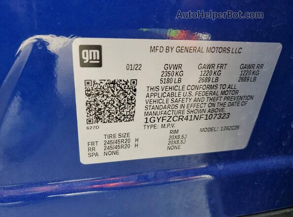 1GYFZCR41NF107323 2022 CADILLAC XT4 Blue VIN կոդի պիտակի տեսք