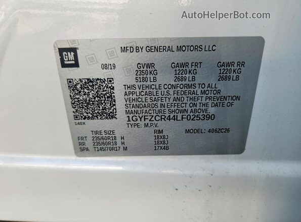 1GYFZCR44LF025390 2020 CADILLAC XT4 White Вид наклейки з VIN-кодом