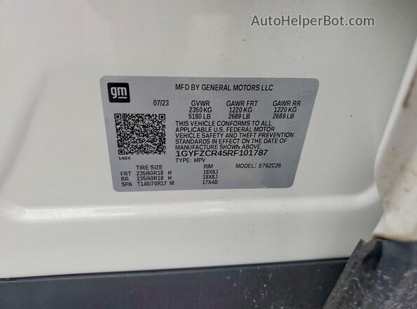 1GYFZCR45RF101787 2024 CADILLAC XT4 White Vista de la etiqueta del VIN