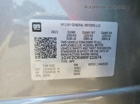 1GYFZCR49RF111674 2024 CADILLAC XT4 Gray VIN კოდის სტიკერის ხედი
