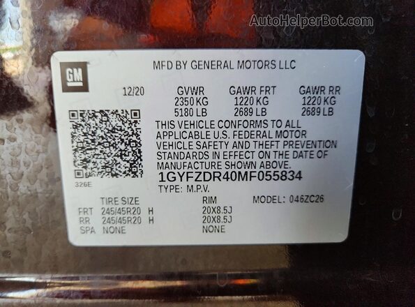 1GYFZDR40MF055834 2021 CADILLAC XT4 Burgundy Вид наклейки з VIN-кодом