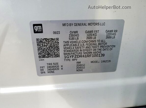 1GYFZDR41RF100139 2024 CADILLAC XT4 Белый Вид наклейки с VIN-кодом