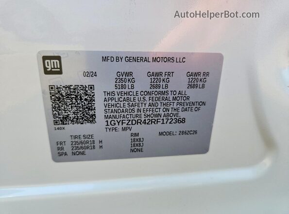 1GYFZDR42RF172368 2024 CADILLAC XT4 White Շարժիչի բաժամունքի տեսք