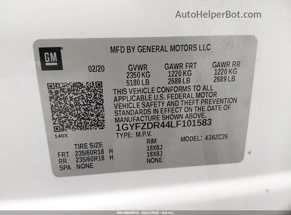 1GYFZDR44LF101583 2020 CADILLAC XT4 White ძრავის განყოფილების ხედი