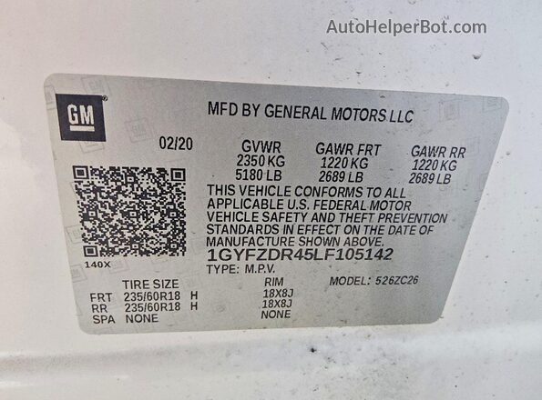 1GYFZDR45LF105142 2020 CADILLAC XT4 Белый Вид наклейки с VIN-кодом