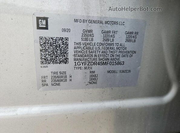 1GYFZDR45MF015863 2021 CADILLAC XT4 Silver Вид наклейки з VIN-кодом