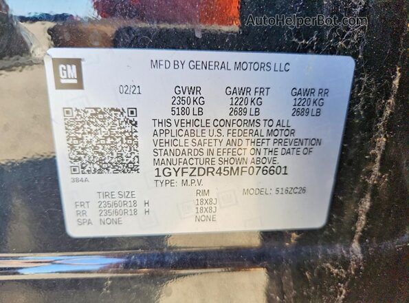 1GYFZDR45MF076601 2021 CADILLAC XT4 Black Vista de la etiqueta del VIN