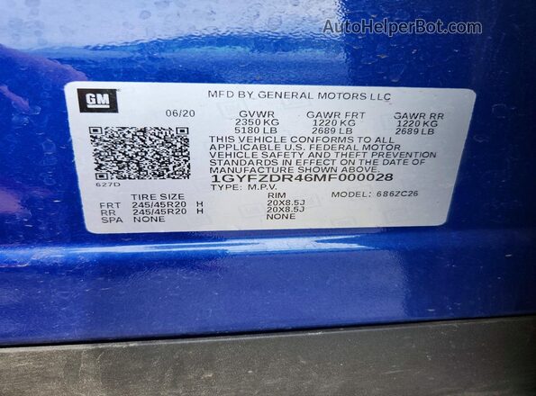 1GYFZDR46MF000028 2021 CADILLAC XT4 Синий Вид наклейки с VIN-кодом