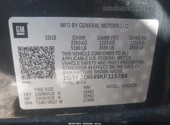 1GYFZDR49KF115784 2019 CADILLAC XT4 Черный Вид подкапотного пространства