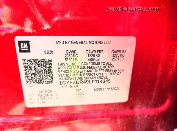 1GYFZDR49LF114345 2020 CADILLAC XT4 Красный Вид наклейки с VIN-кодом