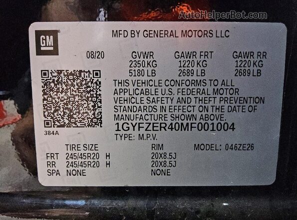 1GYFZER40MF001004 2021 CADILLAC XT4 Black Widok naklejki z numerem VIN