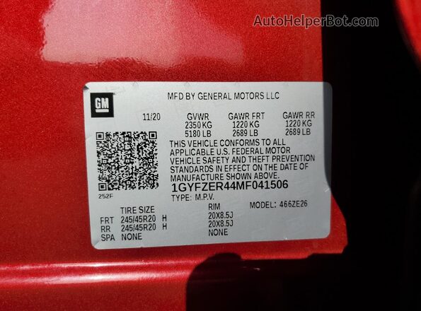 1GYFZER44MF041506 2021 CADILLAC XT4 Red VIN კოდის სტიკერის ხედი