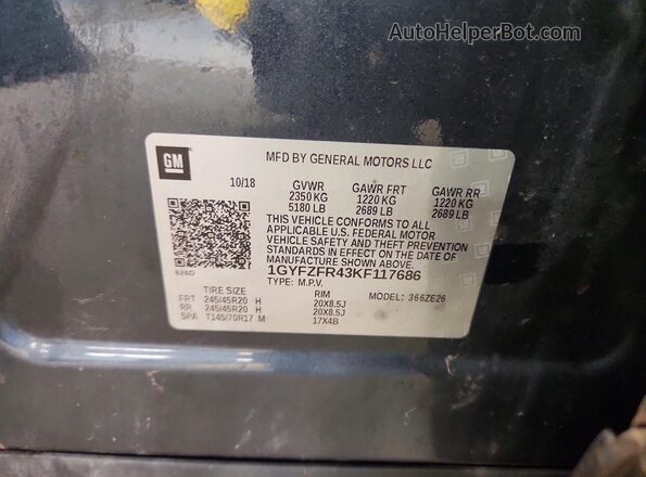 1GYFZFR43KF117686 2019 CADILLAC XT4 Gray VIN კოდის სტიკერის ხედი