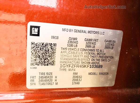1GYFZFR45KF103689 2019 CADILLAC XT4 Orange Вид підкапотного простору