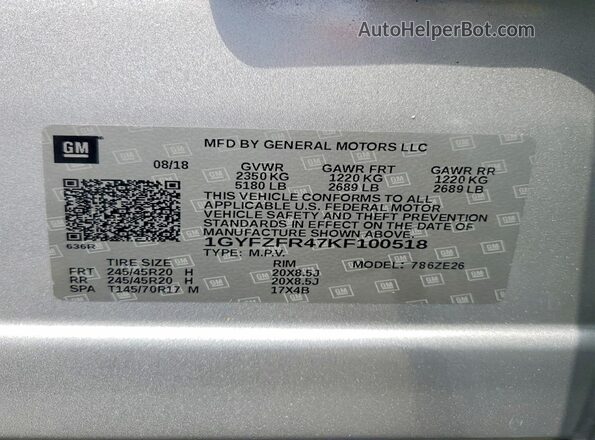 1GYFZFR47KF100518 2019 CADILLAC XT4 Silver Widok naklejki z numerem VIN