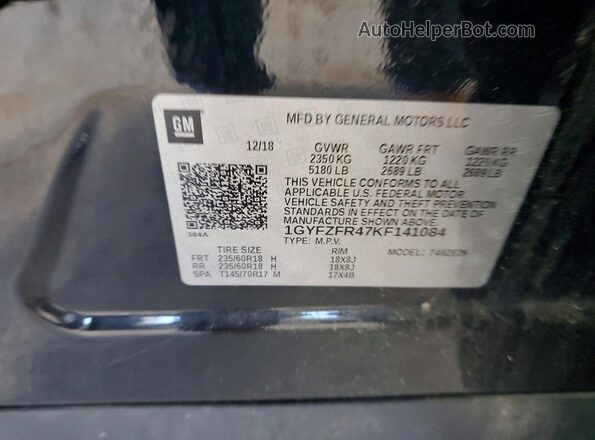 1GYFZFR47KF141084 2019 CADILLAC XT4 Black VIN sticker view
