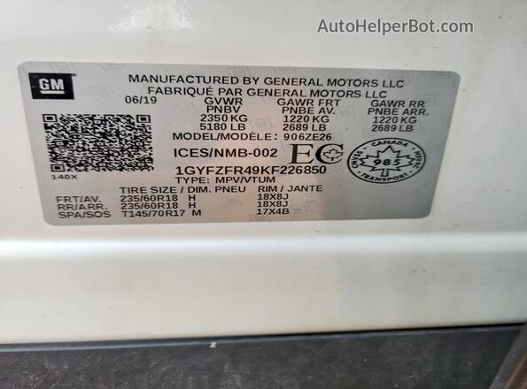 1GYFZFR49KF226850 2019 CADILLAC XT4 White Vista interior de 360 grados