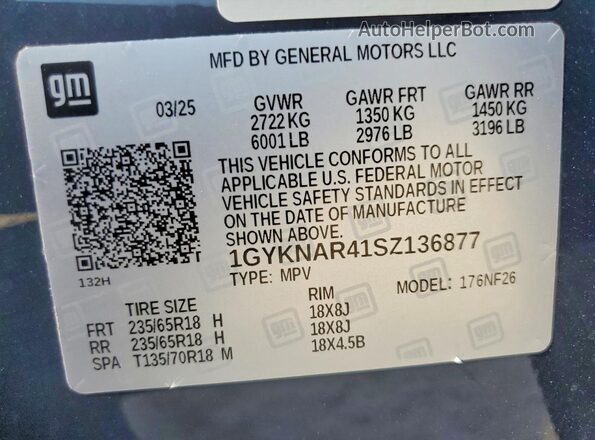 1GYKNAR41SZ136877 2025 CADILLAC XT5 Blue Widok naklejki z numerem VIN