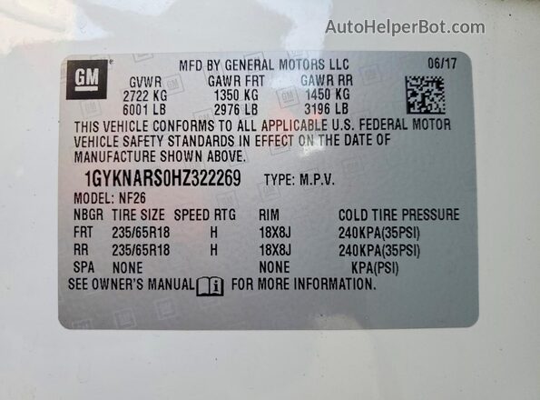 1GYKNARS0HZ322269 2017 CADILLAC XT5 White Vista de la etiqueta del VIN