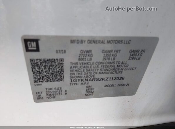 1GYKNARS2KZ112036 2019 CADILLAC XT5 White Widok komory silnika
