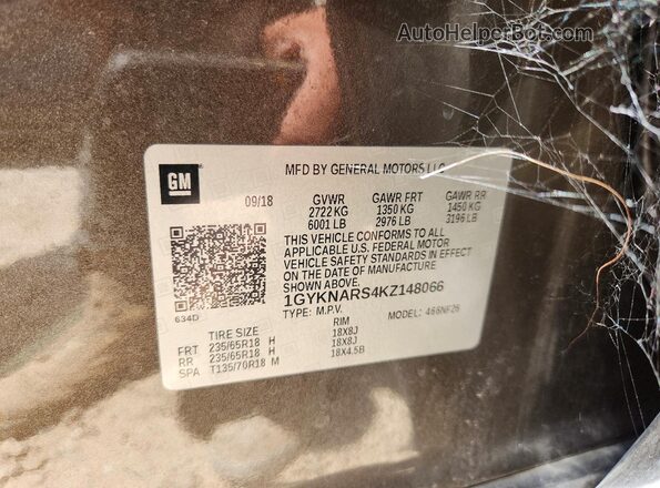 1GYKNARS4KZ148066 2019 CADILLAC XT5 Gray VIN կոդի պիտակի տեսք