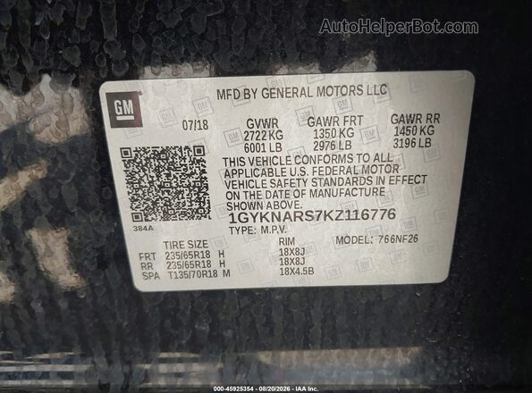 1GYKNARS7KZ116776 2019 CADILLAC XT5 Black ძრავის განყოფილების ხედი