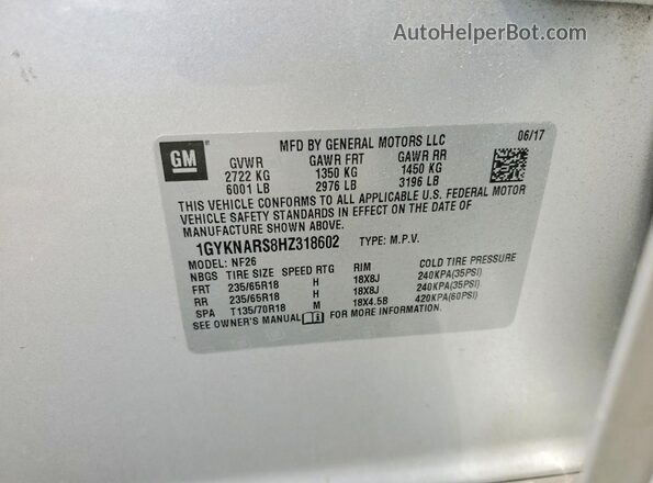 1GYKNARS8HZ318602 2017 CADILLAC XT5 Silver VIN sticker view