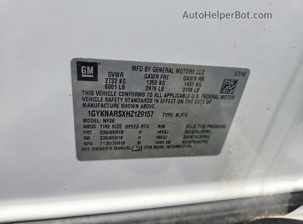 1GYKNARSXHZ129157 2017 CADILLAC XT5 White Vista de la etiqueta del VIN