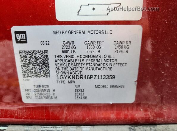 1GYKNDR46PZ113359 2023 CADILLAC XT5 Red VIN կոդի պիտակի տեսք
