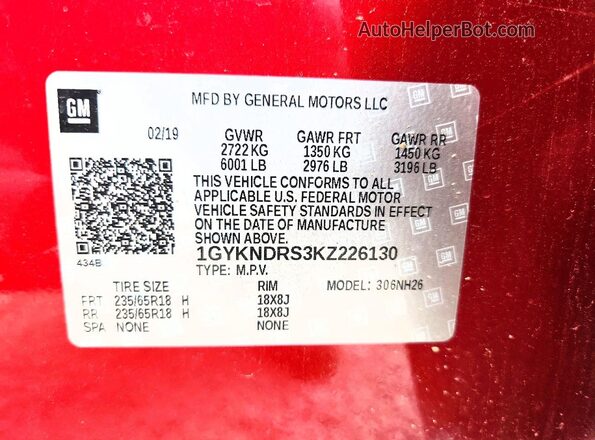 1GYKNDRS3KZ226130 2019 CADILLAC XT5 Burgundy VIN կոդի պիտակի տեսք