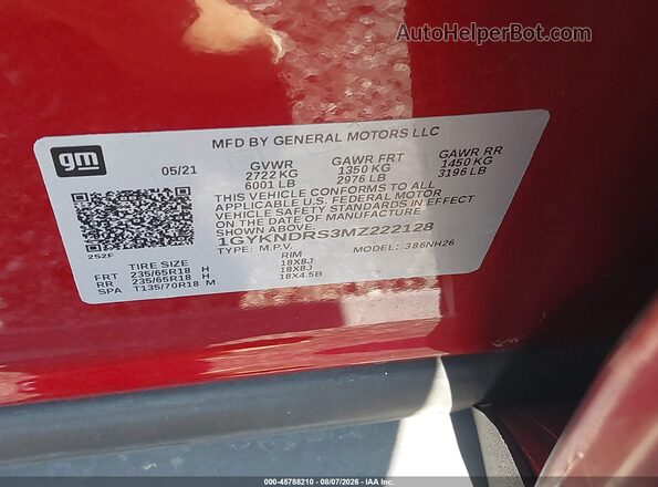 1GYKNDRS3MZ222128 2021 CADILLAC XT5 Красный Вид подкапотного пространства