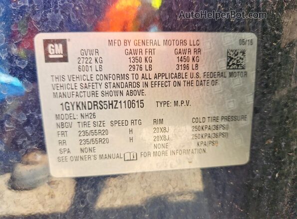 1GYKNDRS5HZ110615 2017 CADILLAC XT5 Blue Vista del compartimento del motor