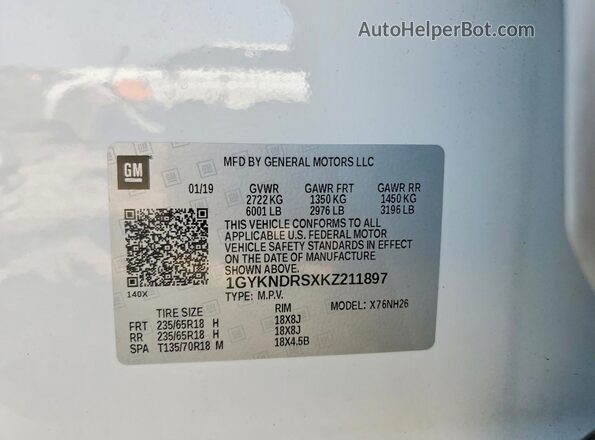 1GYKNDRSXKZ211897 2019 CADILLAC XT5 White VIN կոդի պիտակի տեսք